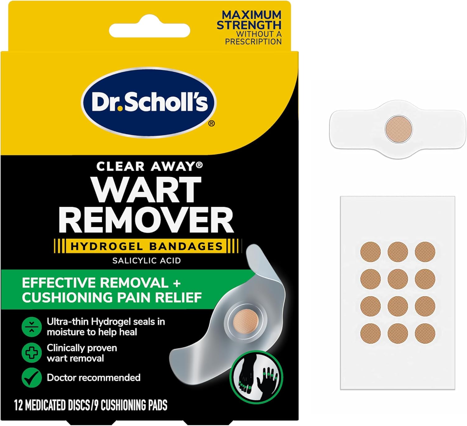 Dr. Scholl’s Clear Away Wart Remover Hydrogel Bandages for Fingers and Toes - Clinically Proven Effective Wart Removal and Cushioning Pain Relief, Comfortable Multi-Day Coverage Patches