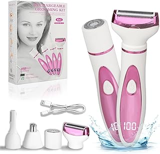 Electric Shaver for Women Men,Rechargeable Led Display Wet & Dry Electric Razor and Facial Hair Remover,4 in 1 Painless Ladies Body Razors for Nose Face Body Leg Bikini Arm Hair (Pink)