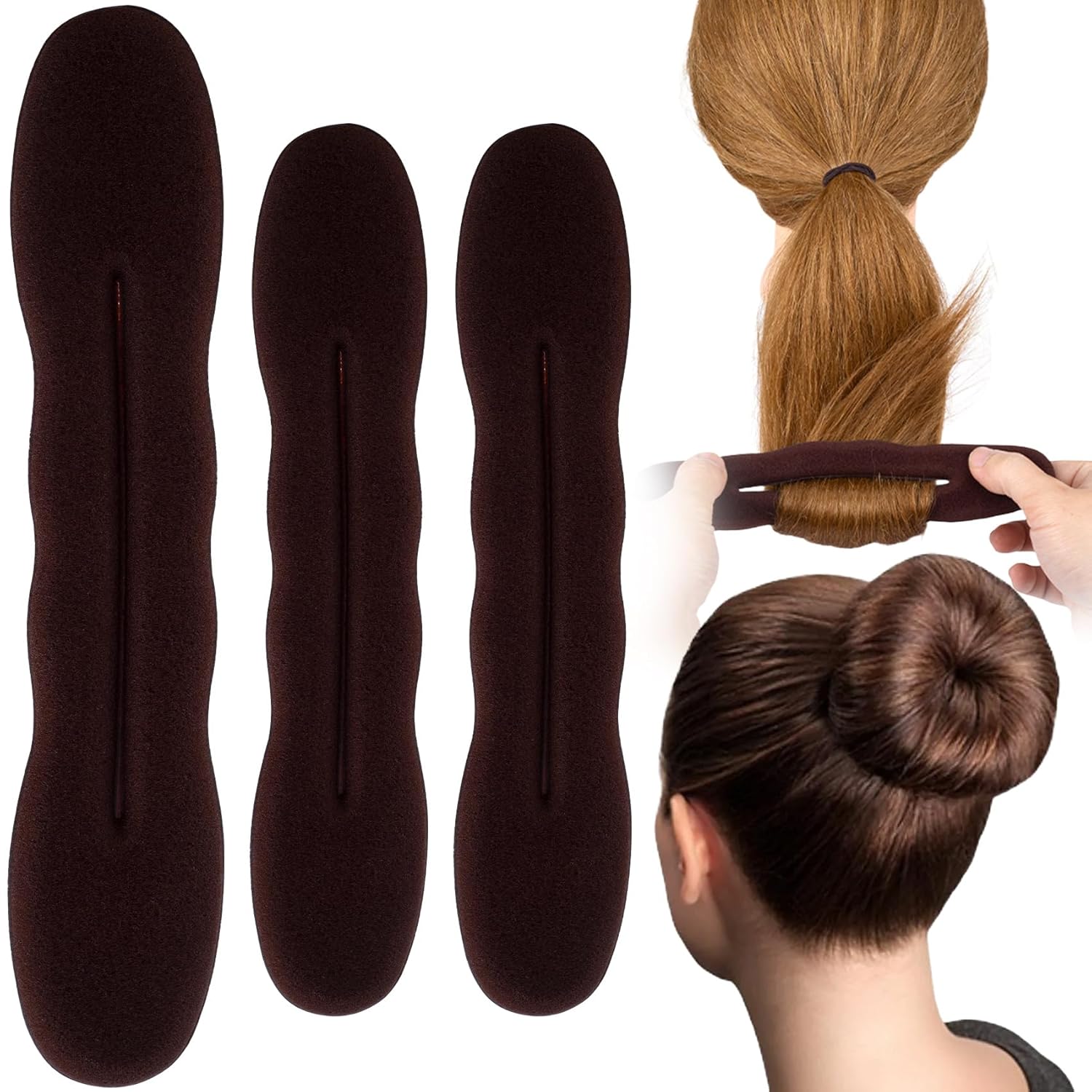 3 PCS Hair Bun Maker, 2 Sizes Sponge Hair Updo Shaper for Women, Classic Lazy Hair Curler Clip Ties, Hair Styling Accessories for Long, Curly, Straight Hair - Brown