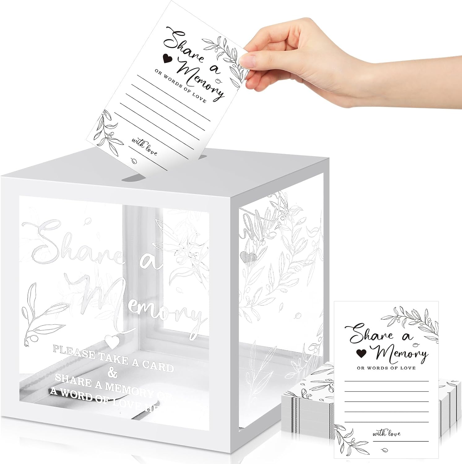 Pajean 50 Pcs Greenery Share a Memory Card Box with Transparent Windows for Celebration of Life, Wedding, Birthday, Graduation, Bridal Shower Guest Card Ideas (White)