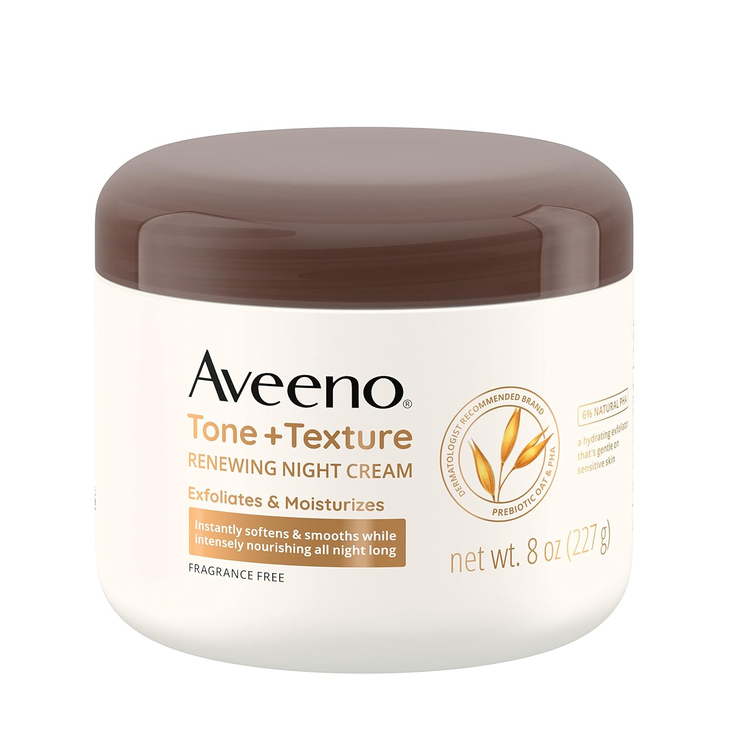 Aveeno Tone + Texture Renewing Body Night Cream With Prebiotic Oat, Gently Exfoliates & Moisturizes Sensitive Skin, Instantly Softens & Smooths & Intensely Nourishes, Fragrance-Free, 8 oz