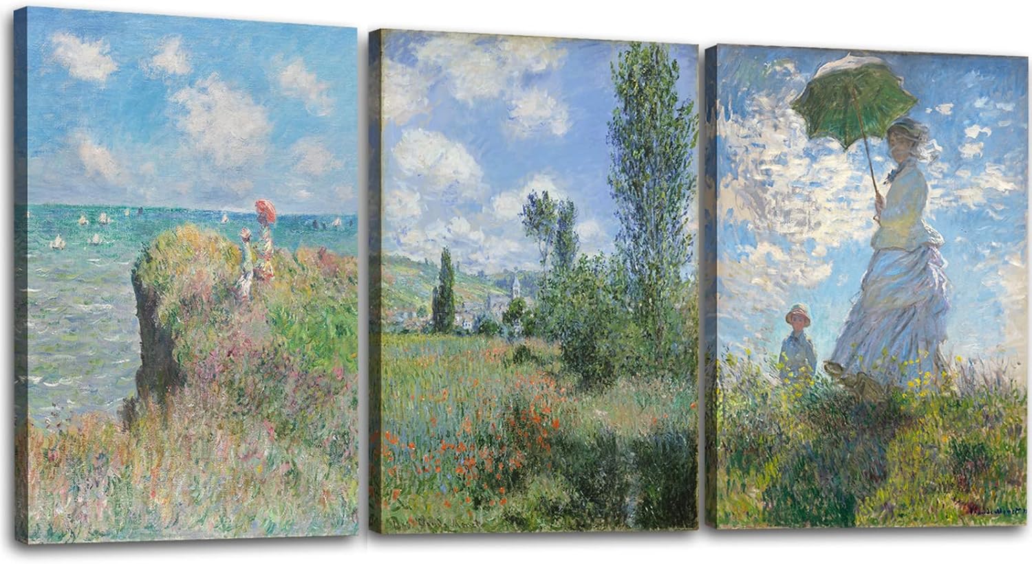 OKEXCKK Woman with a Parasol by Claude Monet - Oil Painting Impressionism Canvas Print Wall Art - Classic Artwork Pictures - 16"x24"x3 Panel
