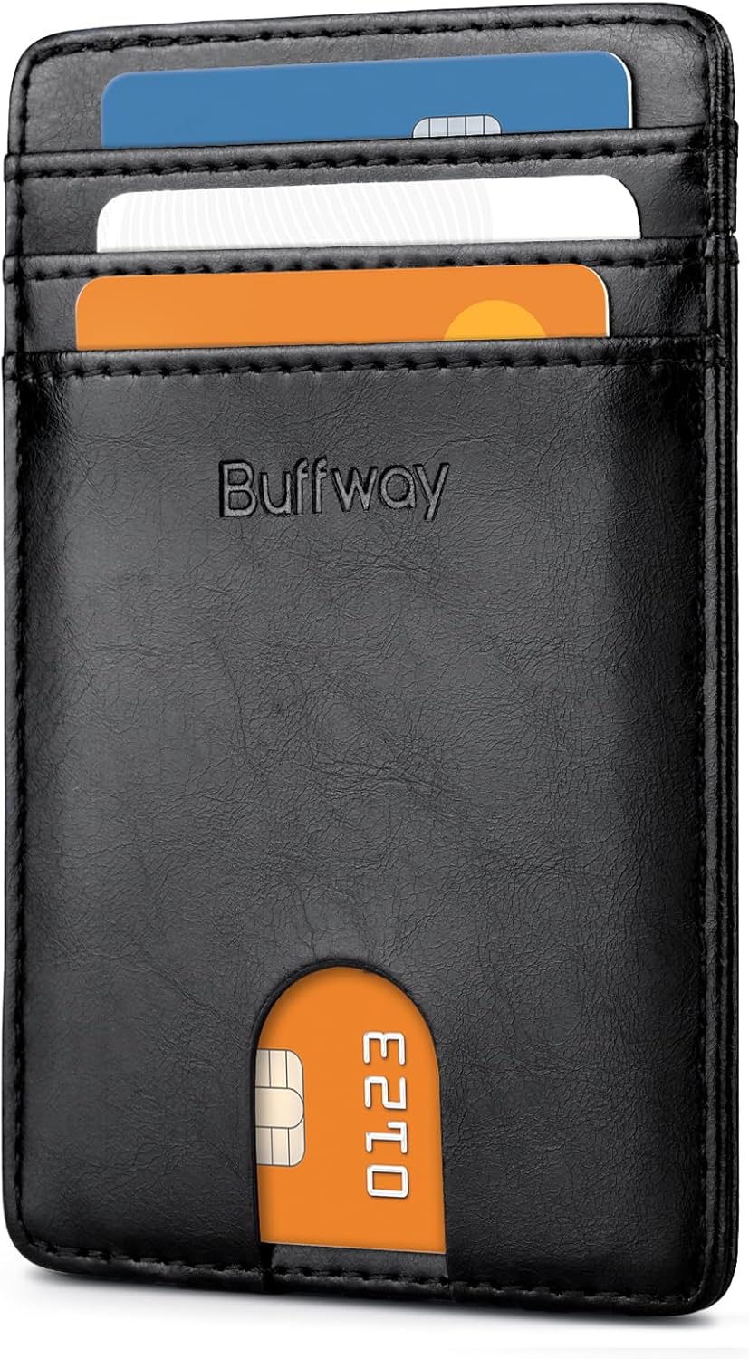 Buffway Mens Slim Wallet, Minimalist Thin Front Pocket Leather Credit Card Holder with RFID Blocking for Work Travel