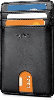 Buffway Mens Slim Wallet, Minimalist Thin Front Pocket Leather Credit Card Holder with RFID Blocking for Work Travel