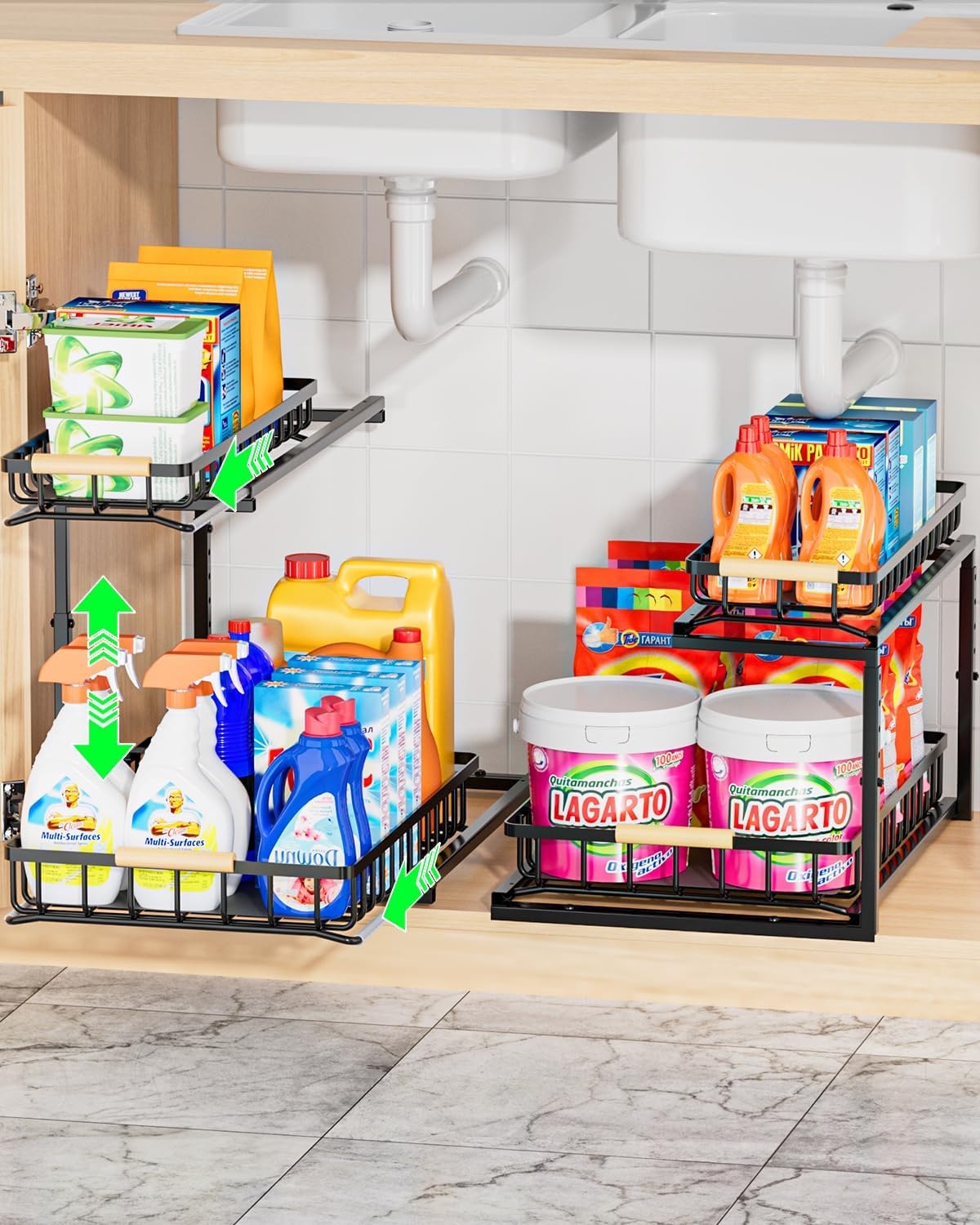 Upgraded 2 Pack Narrow Under Sink Organizer, Height Adjustable 2-Tier Pull-Out Cabinet Storage Rack, Slide-Out Metal Drawers for Kitchen, Bathroom, Pantry Organization