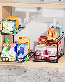 Upgraded 2 Pack Narrow Under Sink Organizer, Height Adjustable 2-Tier Pull-Out Cabinet Storage Rack, Slide-Out Metal Drawers for Kitchen, Bathroom, Pantry Organization