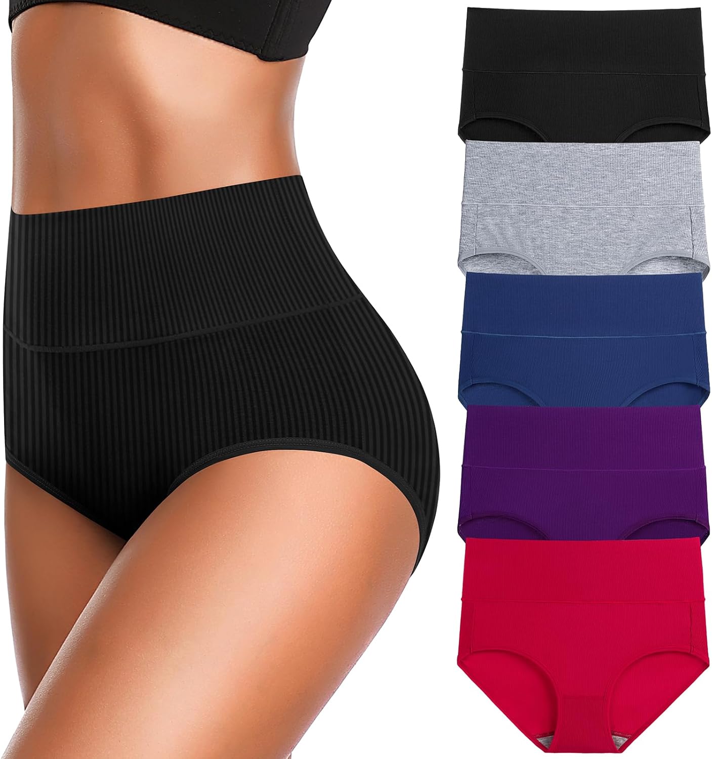 Women's High Waist Cotton Underwear Super Stretchy Briefs Full Coverage Panties Blue 5-Pack One Size Fits All