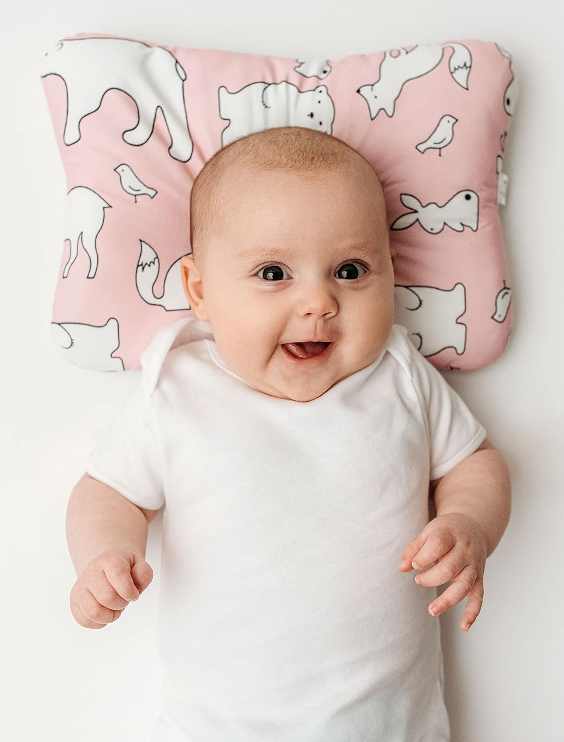 Stork Drop - Flat Head Baby Pillow | Prevents & Corrects Plagiocephaly | Breathable 3D Air Mesh | Soft Organic Cotton | Completely Washable | Newborn Head Support | Pink Pillow