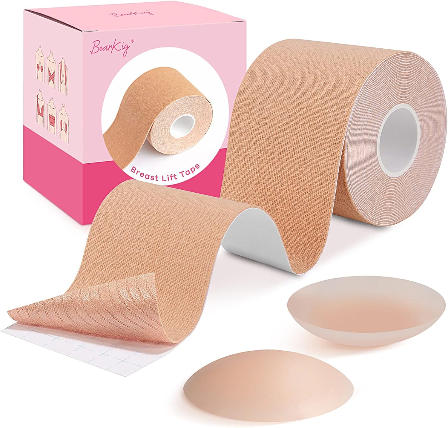 Breast Lift Tape, Boob Tape for Breast Lift & Shape, Bob Tape for Large Breast, Breathable Push Up Tape, Invisible Body Tape, Boobytape Along with 1-Pair Sticky Reusable Silicone Covers (Beige)
