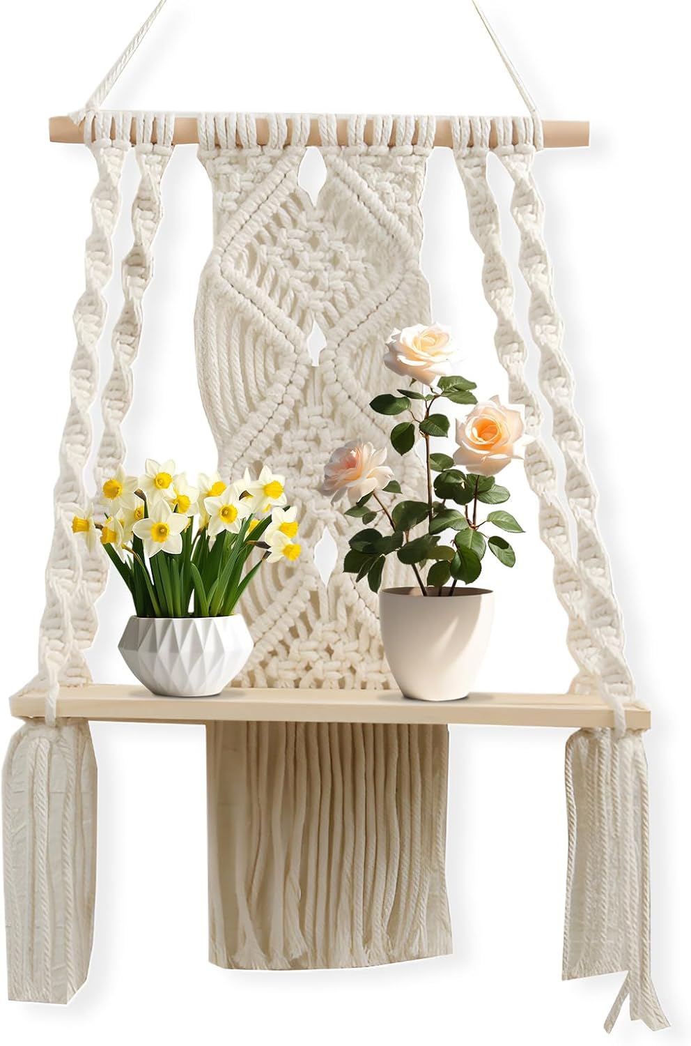 Tuzsocr Boho Macrame Wall Hanging Shelf,boho Room Decor Floating Shelf,Wall Hanging Holder Hanging Bohemian Shelf Tapestry,Macrame Handmade Cotton Rope Shelf Plant Holder,for Home Wall Decor