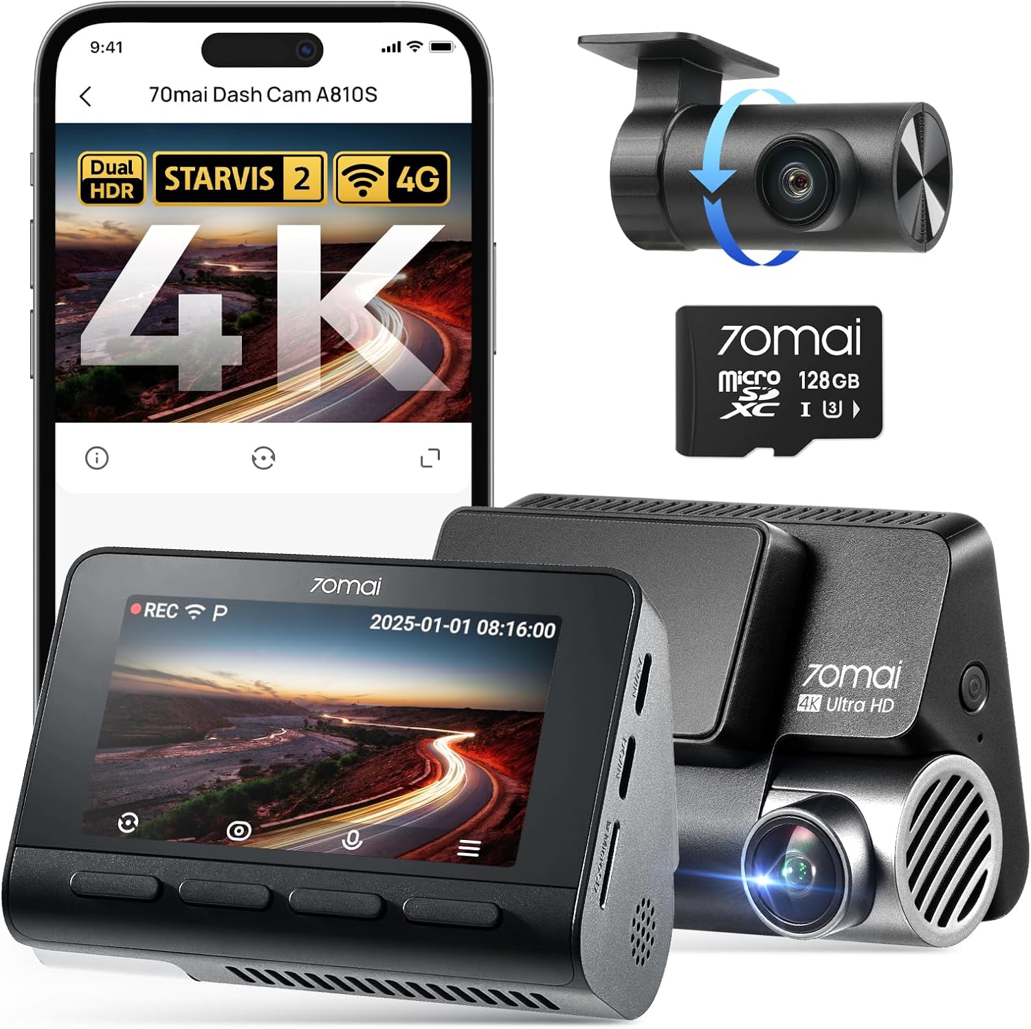 70mai 4K Dash Cam Front and Rear A810S, 4K+1080P Dual STARVIS 2, HDR Car Dash Cam with Night Vision, WiFi APP Control, 146°Wide Angle, 4G LTE, ADAS, Parking Mode with Voice Control and 128GB SD Card