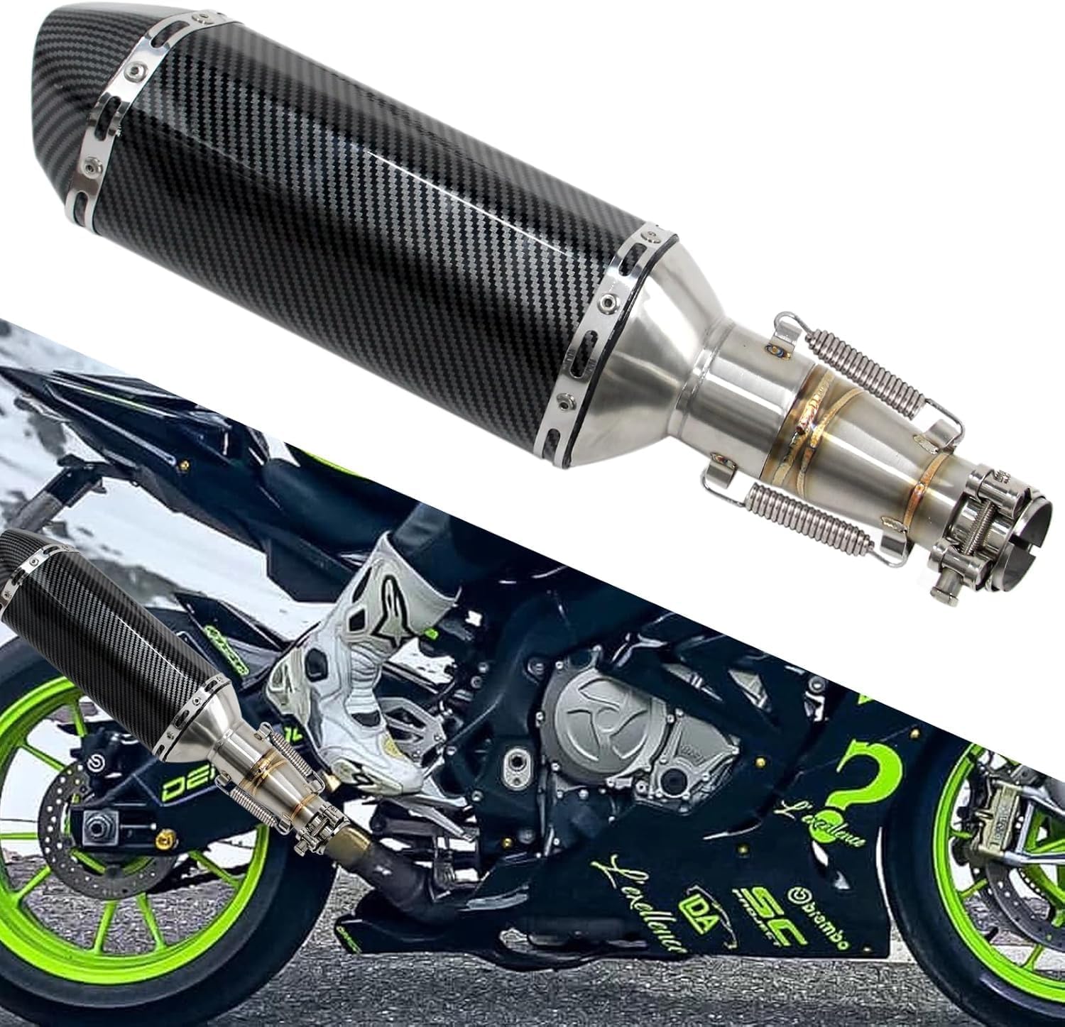 Motorcycle Slip On Exhaust Muffler Compatible with Kawasaki Ninja 250R 250 Z250 300 Z300 2008-2017, Muffler Silencer with Mid Pipe Assembly