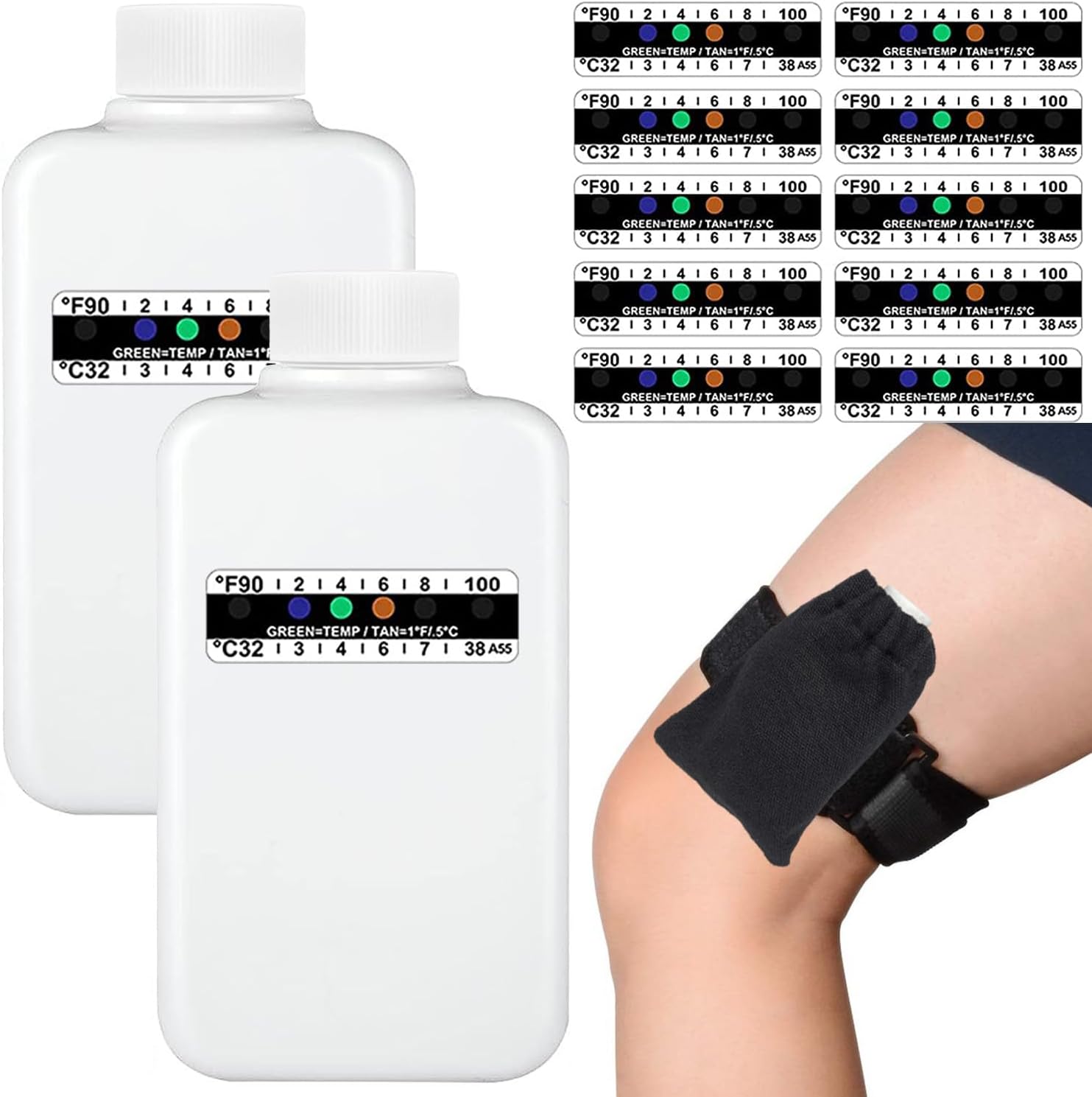 14 Pcs Urine Test Complete Kit,Includes 2 Empty Bottles,10 Adhesive Temperature Test Strip,Hidden Leg Strap Oxford Pouch,Temperature Test Urine Strip Sticker,Portable Travel Urine Test Bottle