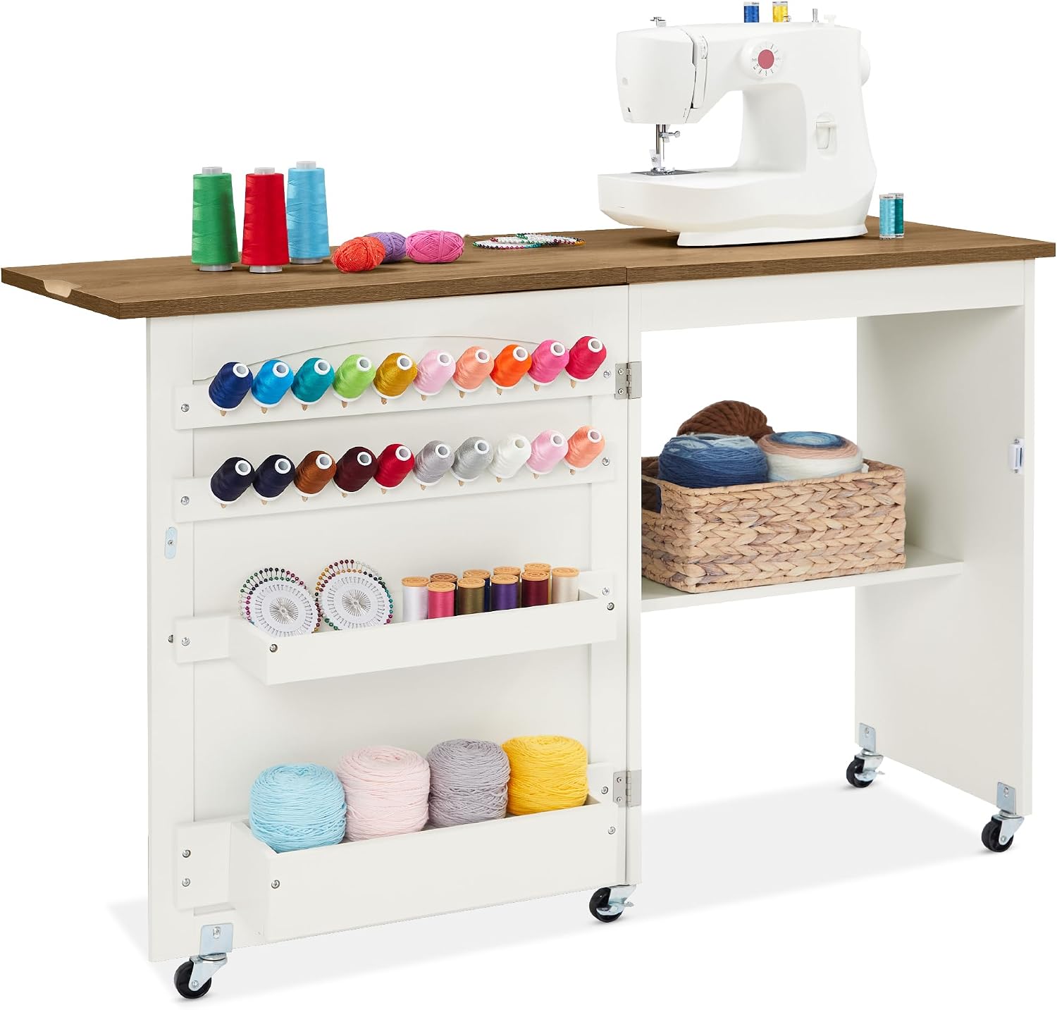 Best Choice Products Folding Sewing Table Multipurpose Craft Station & Side Desk with Compact Design, Wheels, Shelves, Storage Trays, Pegs, Magnetic Doors, Metal Doorknobs - Walnut/Cream