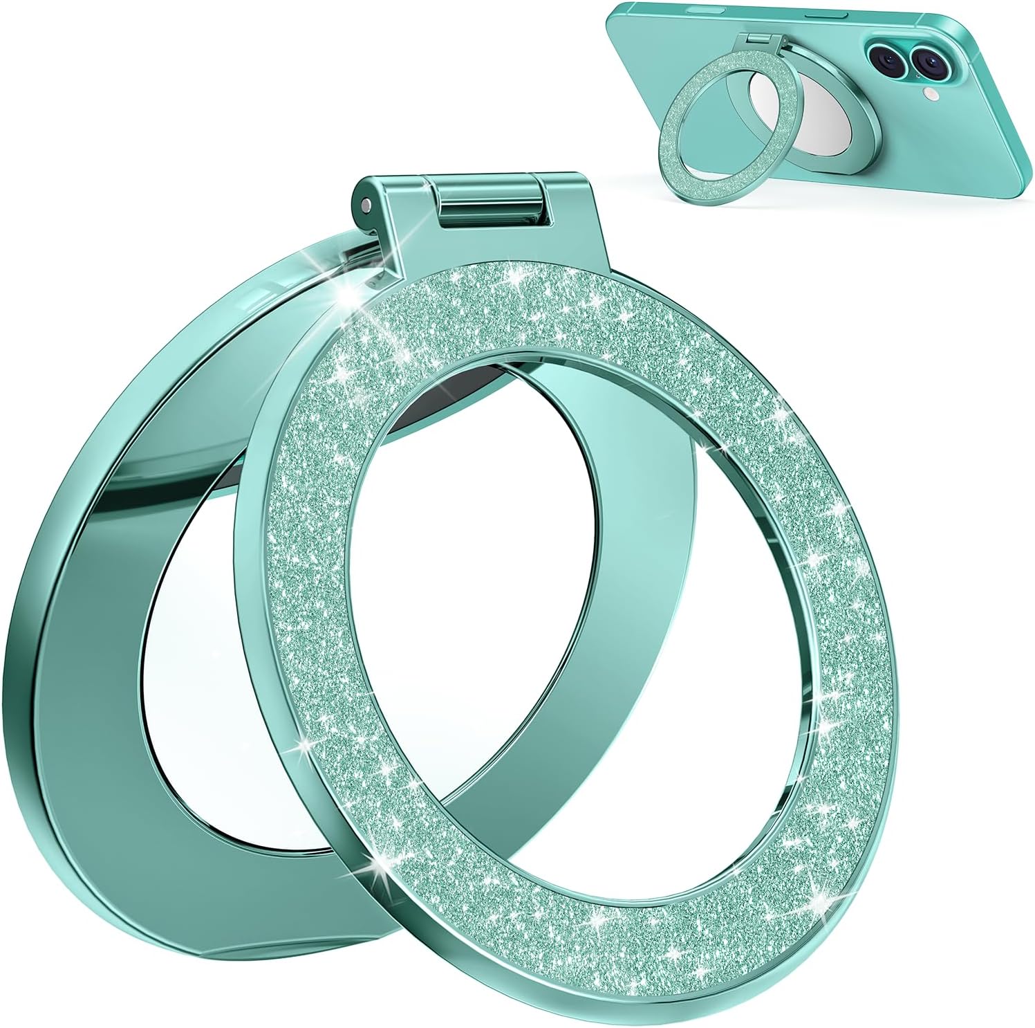 Upgraded Magnetic Phone Ring Stand Built in Mirror for Magsafe, [Electroplated & Glitter], Phone Ring Holder Grip Kickstand for iPhone 16 Pro Max 15 14 13 12 Series for Girl Women, Teal