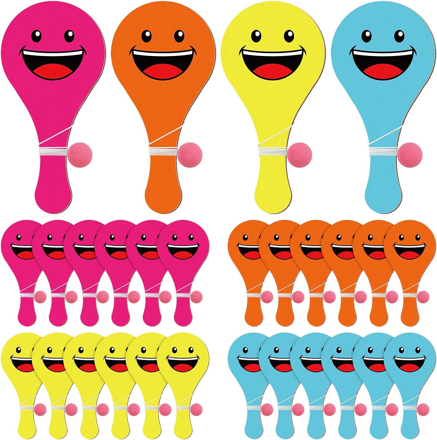 24 Pcs Smile Face Paddle Balls with String Bulk - Wooden Paddle Balls for Kids Indoor Outdoor Fun Activity, Multi-Item Party Favors Prizes Packs