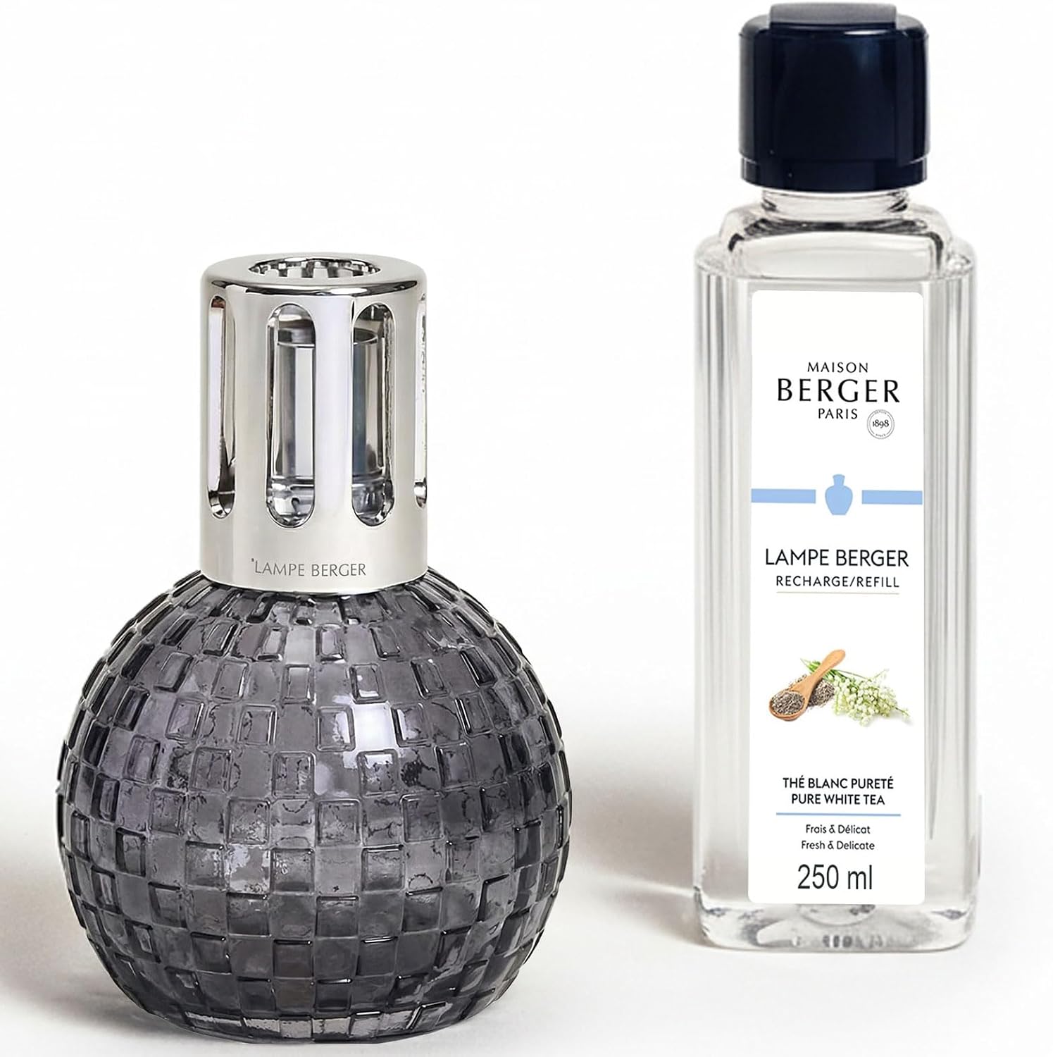MAISON BERGER Disco Lampe Berger Gift Set, Grey, Pure White Tea | Lacquered Glass Catalytic Lamp Set, 250 ml Pure White Tea Refill, Helps Neutralize Odors then Perfumes, Made in France