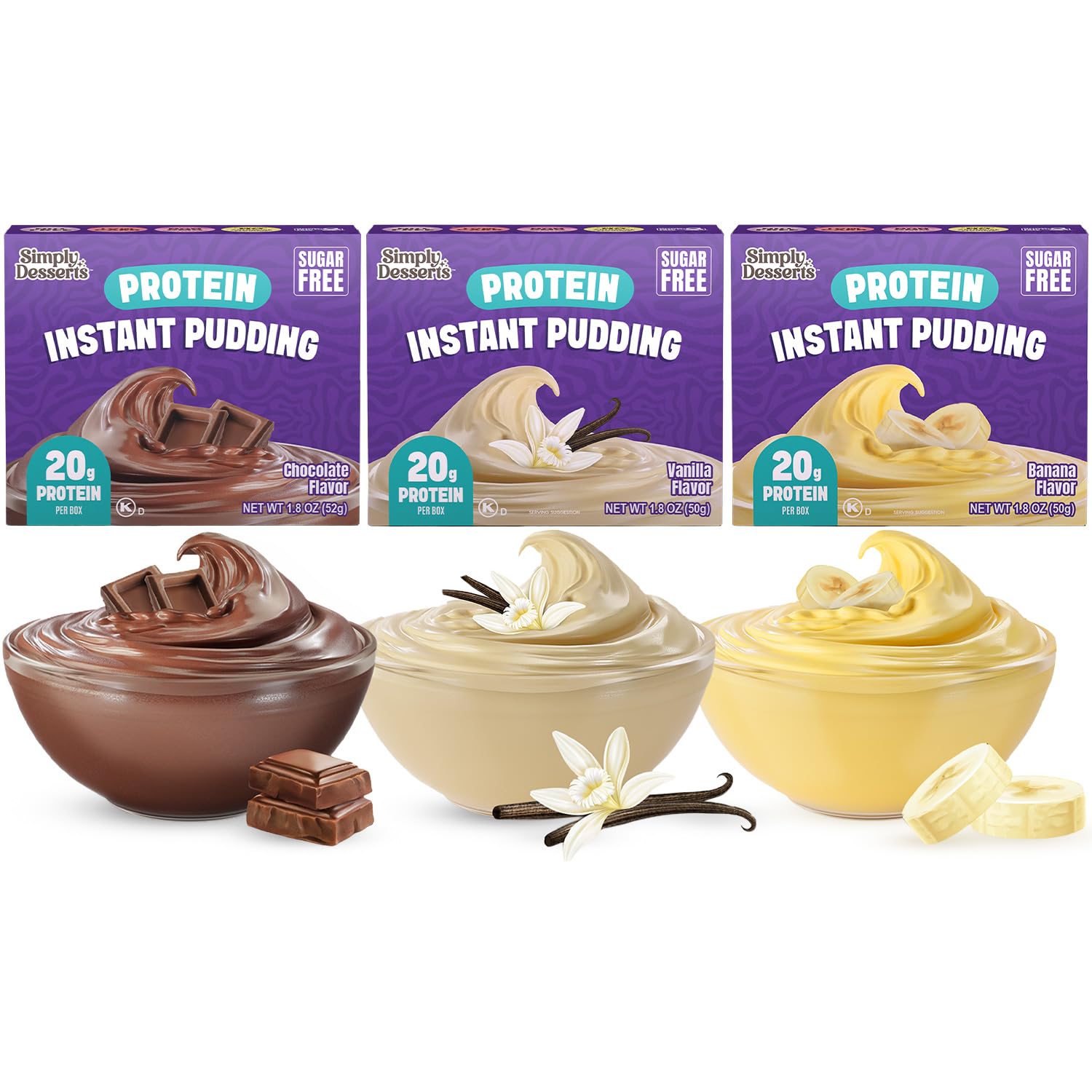Simply Desserts Protein Pudding, Instant Sugar-Free Variety 3-Pack (Chocolate, Vanilla, Banana) – Make Healthy Snacks, Protein Desserts, 1.8 Oz Ea