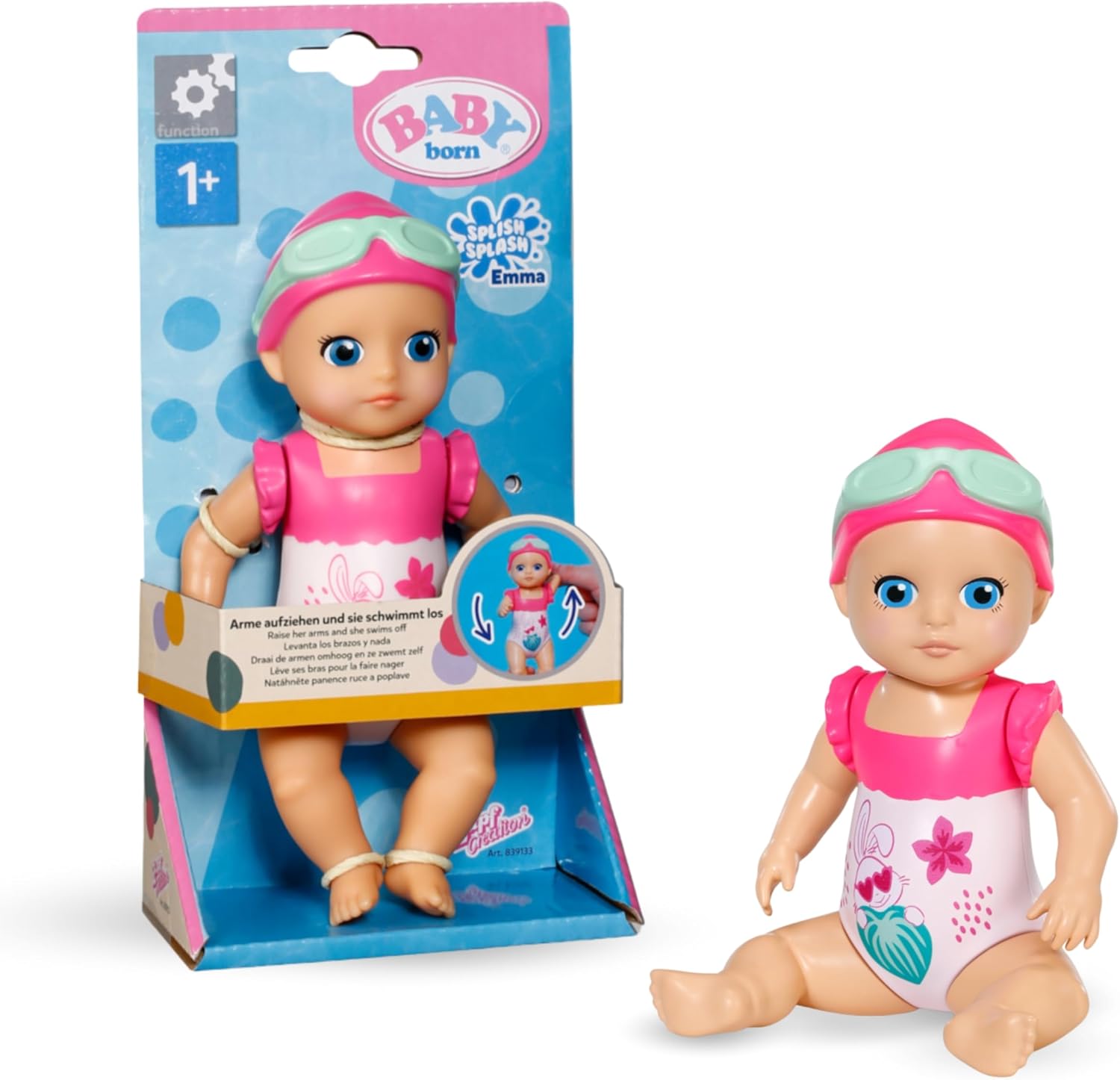 BABY born Splish Splash Emma, Interactive Bath Time Toy Swimming Emma with Wind Up Mechanism, Colourful Toddler Bath Toy, Sensory Fun and Development, 839133 Zapf Creation, Pink