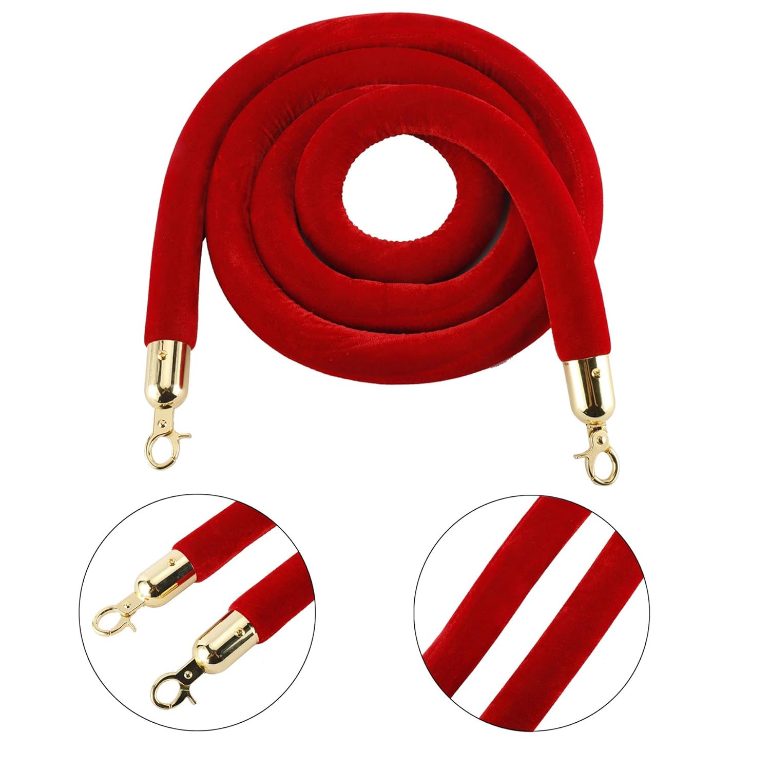 8 Feet Velvet Stanchion Rope, Stanchion Queue Barrier Rope Velvet Rope, Crowd Control Rope Barrier, with Mirror Polished Hooks (Red)
