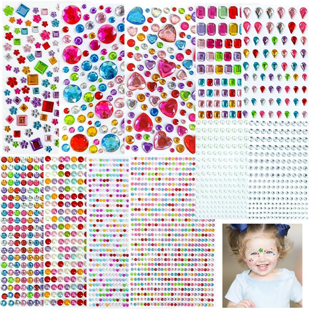 2883 Pcs Gem Stickers, Self Adhesive Gems for Grafting, Stick on Gems Various Shapes Multicoloured Sticky Gems for Kids DIY Face Fingernails Deco