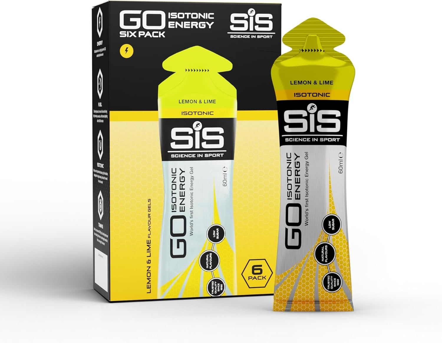 Science In Sport GO Isotonic Energy Gels, Running Gels with 22 g Carbohydrates, Low Sugar, Lemon & Lime Flavour, 60 ml Per Serving (6 Pack)
