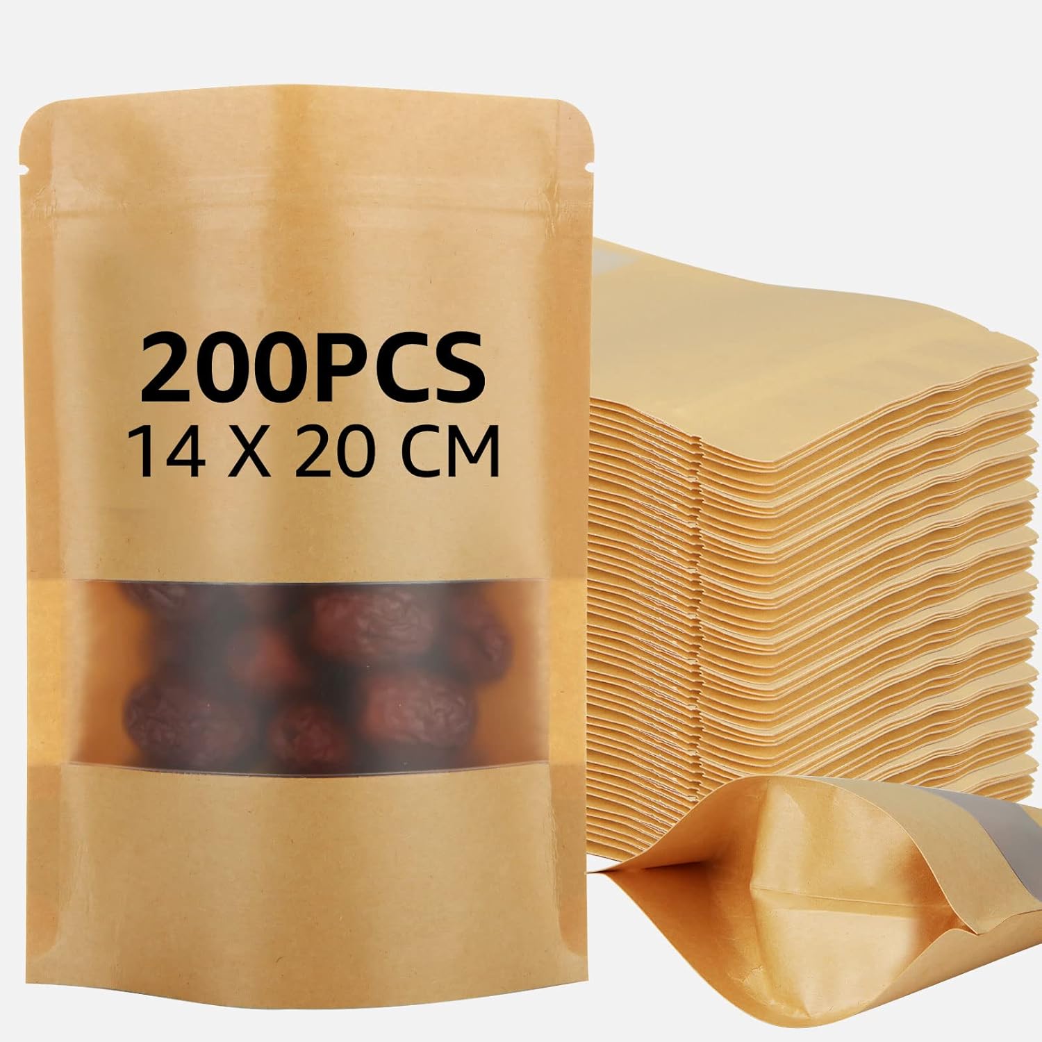 YOUNTHYE 200PCS Kraft Paper Bags with Window, 14x20cm Resealable Pouches Kraft Paper Food Bags Brown Kraft Bag Multipurpose for Dried Fruit Coffee Tea Seeds