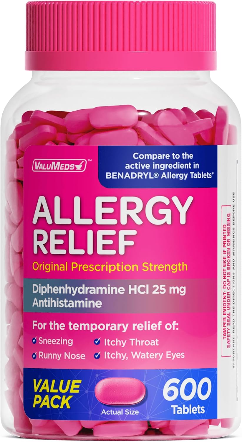 ValuMeds Allergy Medicine Antihistamine, Diphenhydramine HCl 25 mg | Children and Adults | Relieve Itchy Eyes, Runny Nose, Sneezing (25 mg, 600 Count)