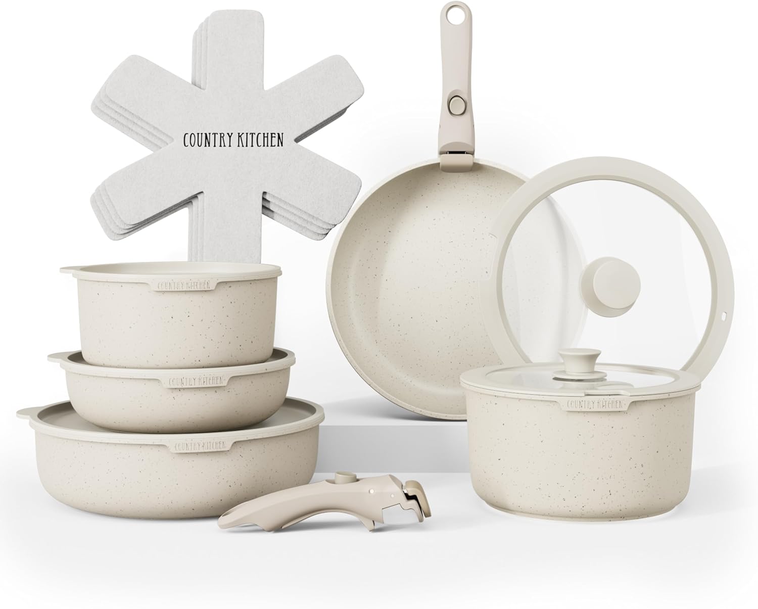 Country Kitchen Cookware Set with Removable Handle, Oven & RV Safe Pots and Pans Set, Cream, Original
