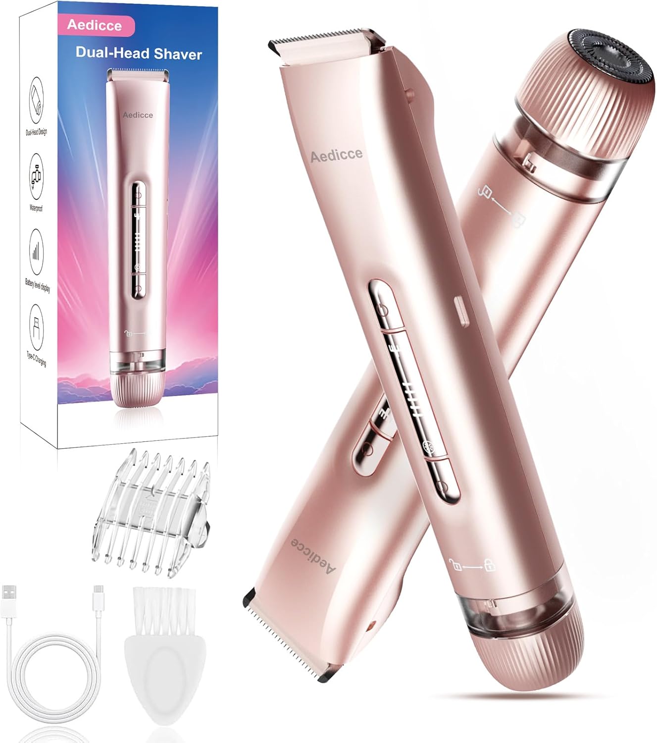 Bikini Trimmer for Women 2 in 1, Dual Head Womens Electric Shaver, Electric Razors for Pubic Hair, IPX7 Waterproof Rechargeable Facial Hair Removal for Shaving Underarm Leg Arm Body Face, Rose Gold