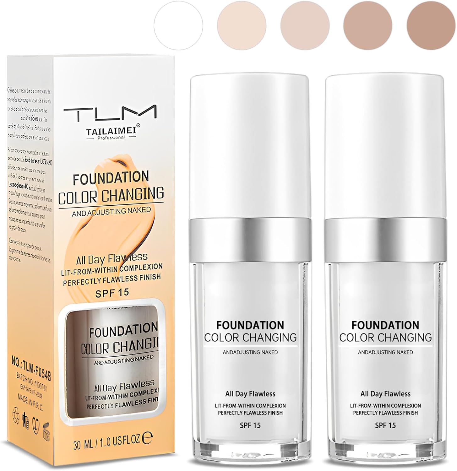 2 Pack TLM Colour Changing Foundation,Colour Changing Mature Skin Foundation,TLM Foundation Colour Change uk Mature Skin,Naturally Moisturizing Sunscreen Brighten Complexion Concealer Foundation 30ml