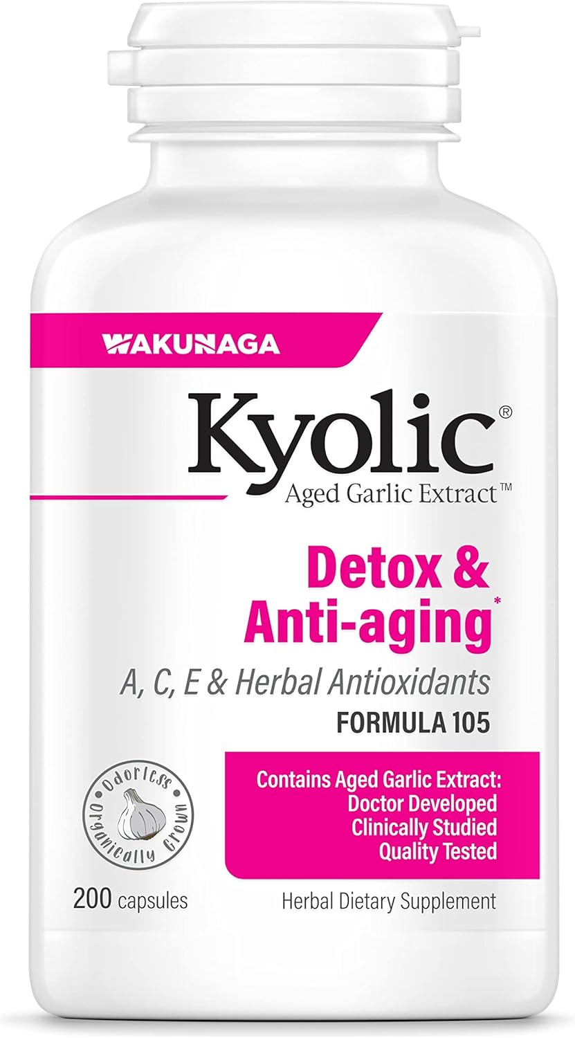 Kyolic Aged Garlic Extract Formula 105, Detox & Anti-Aging, 200 Capsules (Packaging May Vary)