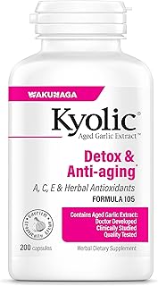 Kyolic Aged Garlic Extract Formula 105, Detox & Anti-Aging, 200 Capsules (Packaging May Vary)