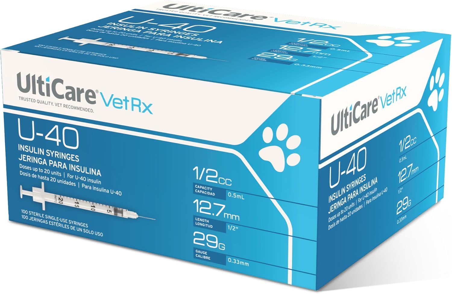 UltiCare VetRx U-40 Pet Insulin Syringes, Comfortable & Accurate Dosing of Insulin for Pets, Compatible with Any U-40 Strength Insulin, Size: 1/2cc, 29G x ½’’, 100 ct Box