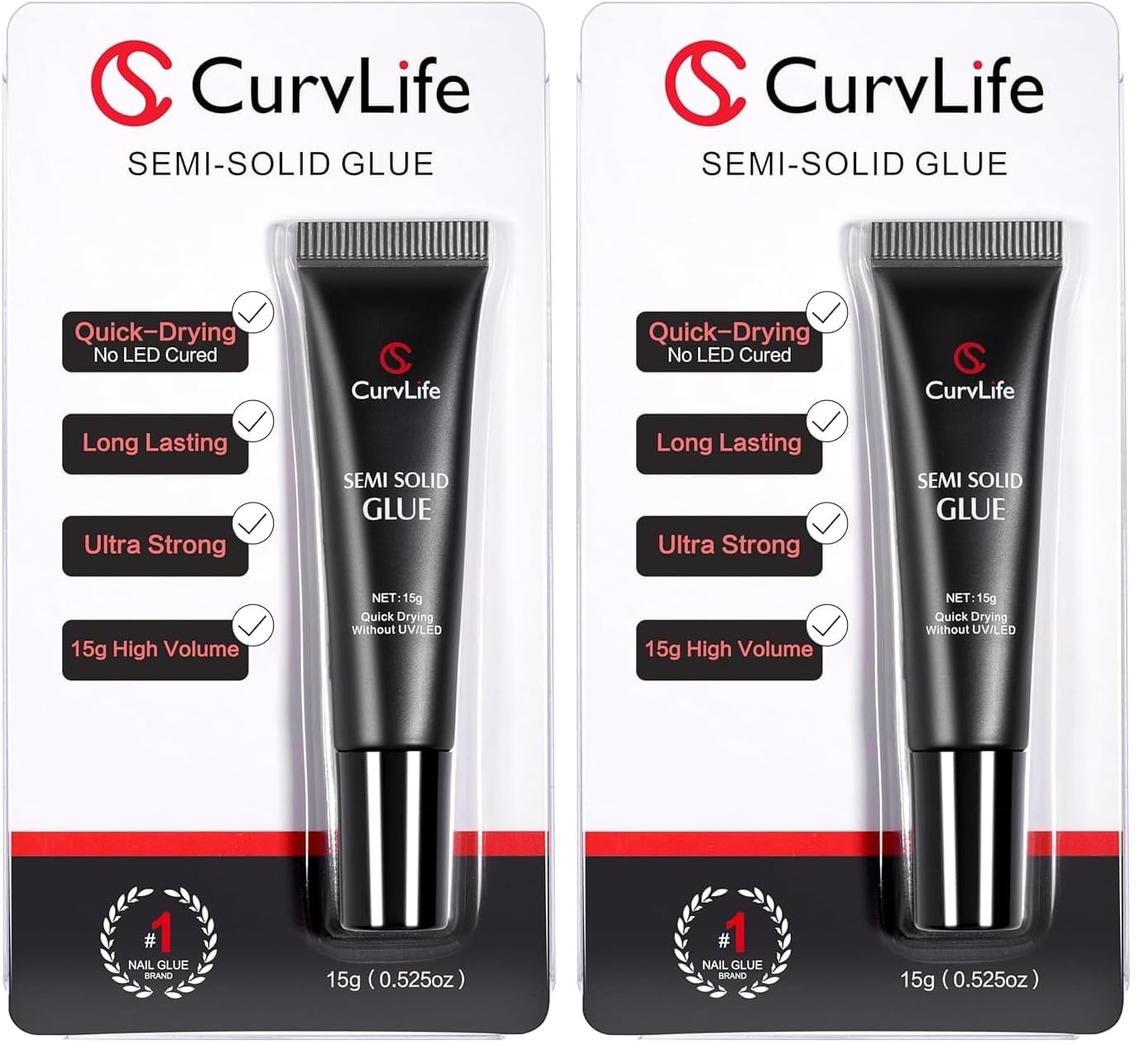 Curvlife Super Strong Nail Glue 15g for Press On Nails - Quick Drying, Semi Solid, Long Lasting, No UV Light Needed (Pack of 2)