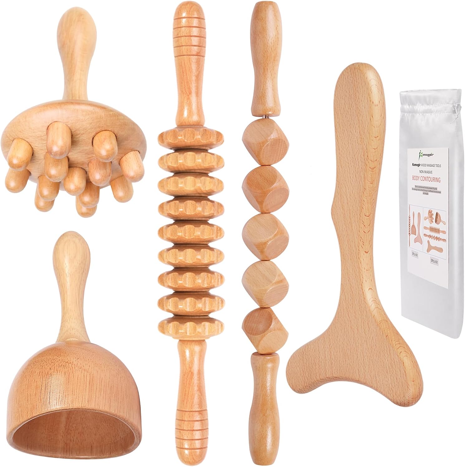 Komogir Wood Therapy Massage Tools 5-in-1 Lymphatic Drainage Massager Maderoterapia Kit Wooden Massager Body Sculpting Tools for Muscle Pain Relief, Anti-Cellulite, Body Contouring and Shaping