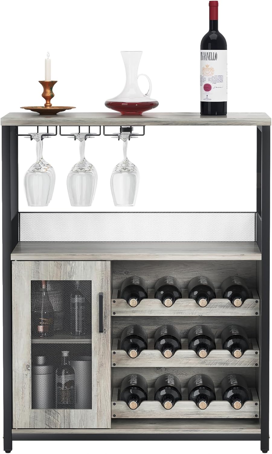 GAOMON Wine Bar Rack Cabinet with Detachable Wine Rack, Bar Cabinet with Glass Holder, Small Sideboard and Buffet Cabinet with Mesh Door (Grey)