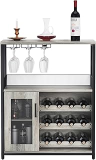 GAOMON Wine Bar Rack Cabinet with Detachable Wine Rack, Bar Cabinet with Glass Holder, Small Sideboard and Buffet Cabinet with Mesh Door (Grey)