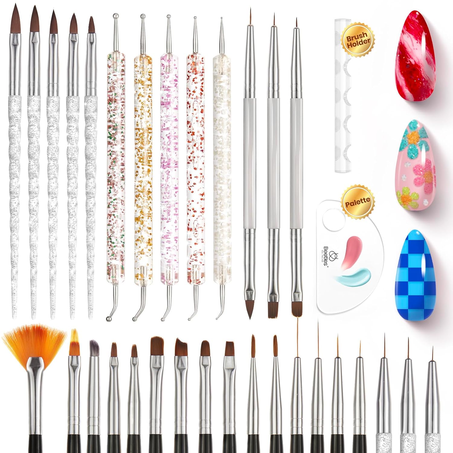 Beetles 31pcs Nail Art Brushes, Dotting Tools, Nail Art Pens, Dust Brush, Striping Liner Fingernail Drawing Pens with Palette Holder All in One for Starter Manicure Design Set
