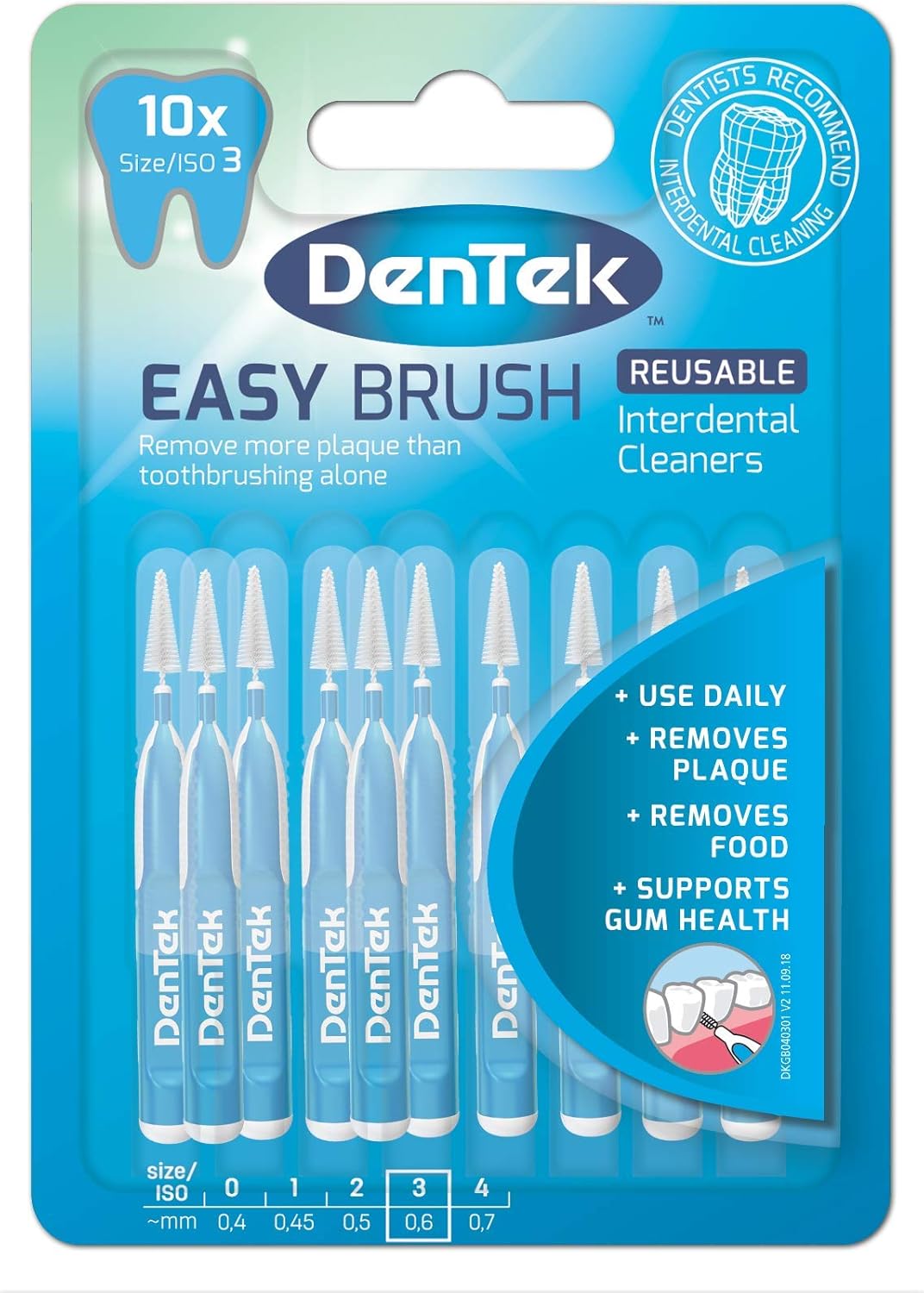 DenTek Easy Brush Interdental Brushes, ISO3/0.6mm for removing food and plaque between teeth. 10 Pack