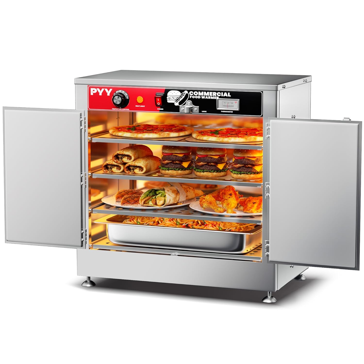 PYY Hot Box Food Warmer, Commercial Catering Warming Cabinet for Pizza Pretzel, Electric Countertop Heating Machine for Restaurant, Buffet and Party, 4-Tier Dual Door with Water Tray and Thermometer