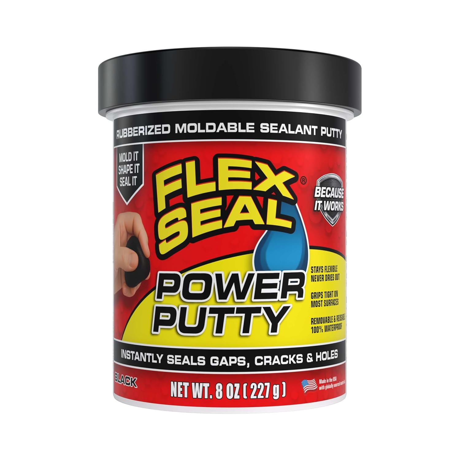 Flex Seal Power Putty, Moldable Waterproof Rubberized Sealant, Instantly Fills Gaps, Cracks, or Holes, Removable Reusable, Works Underwater, Pipes, Marine, Auto, RV, Metal, Plastic, Wood, Black 8 oz
