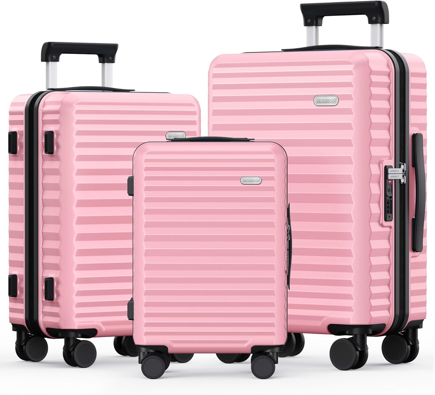 SHOWKOO Suitcase Sets 3 Piece Expandable Hard Shell 100% PC Lightweight Carry on Travel Hand Luggage with Double Spinner Wheels & TSA Lock, Delicate Pink