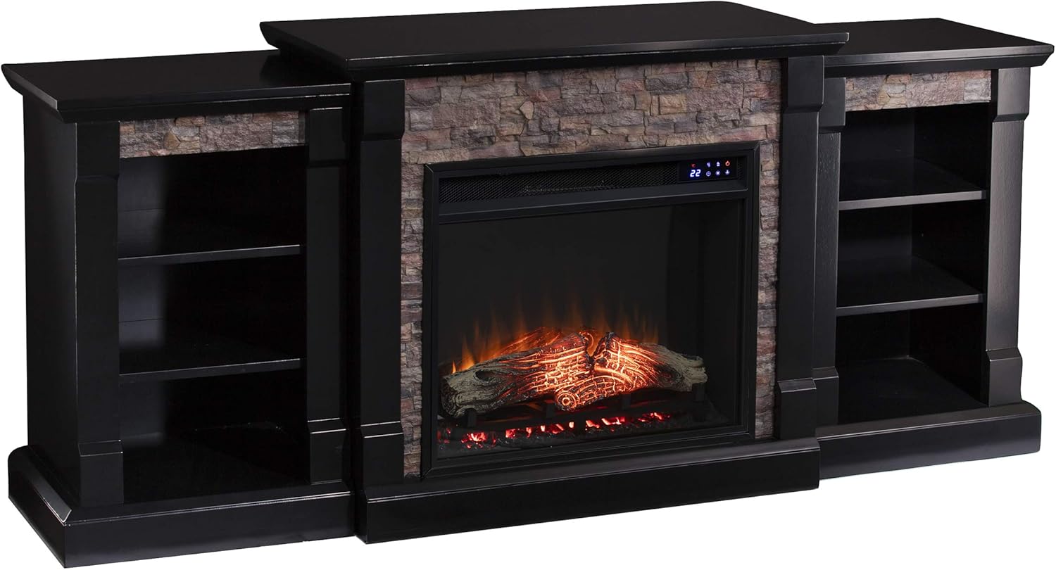 SEI Furniture Gallatin Faux Stone Electric Fireplace with Bookcases, New Satin Black