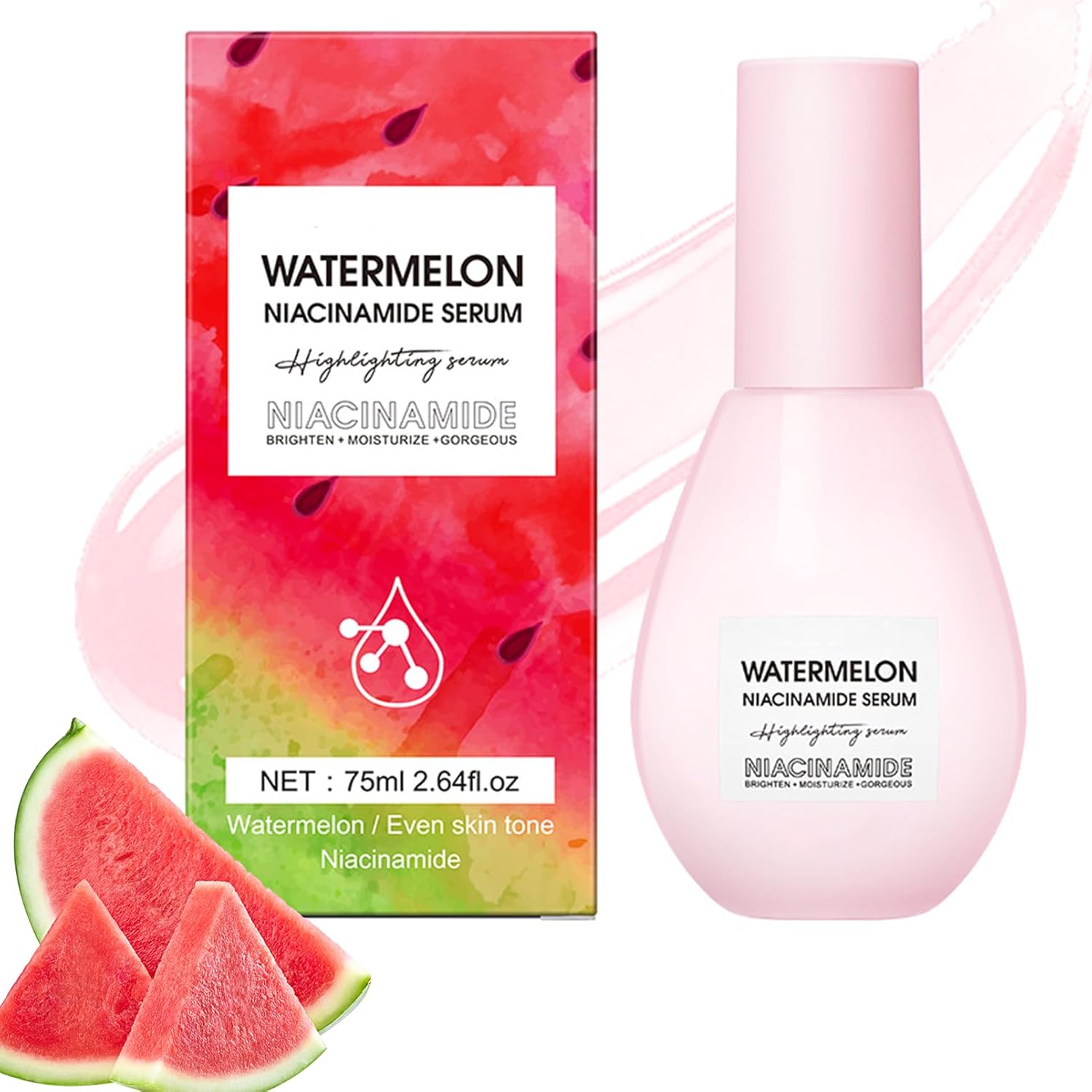 Watermelon Niacinamide Glow Recipe Hydrating Serum, Glow Niacinamide Serum Moisturising & Brightening Foundation Makeup Base Watermelon to Deep Hydration Glow Recipe Toner (75ml)