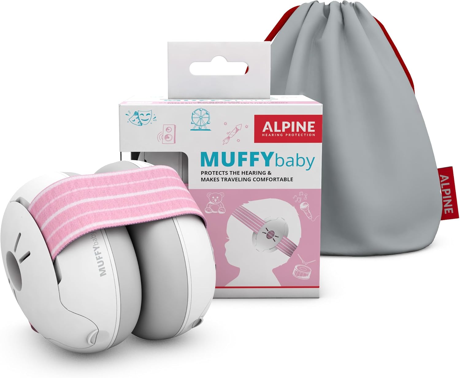 Alpine Muffy Baby Ear Defender for Babies and Toddlers up to 36 Months - CE & UKCA Certified - Noise Reduction Earmuffs - Comfortable Baby Headphones Against Hearing Damage & Improves Sleep - Pink
