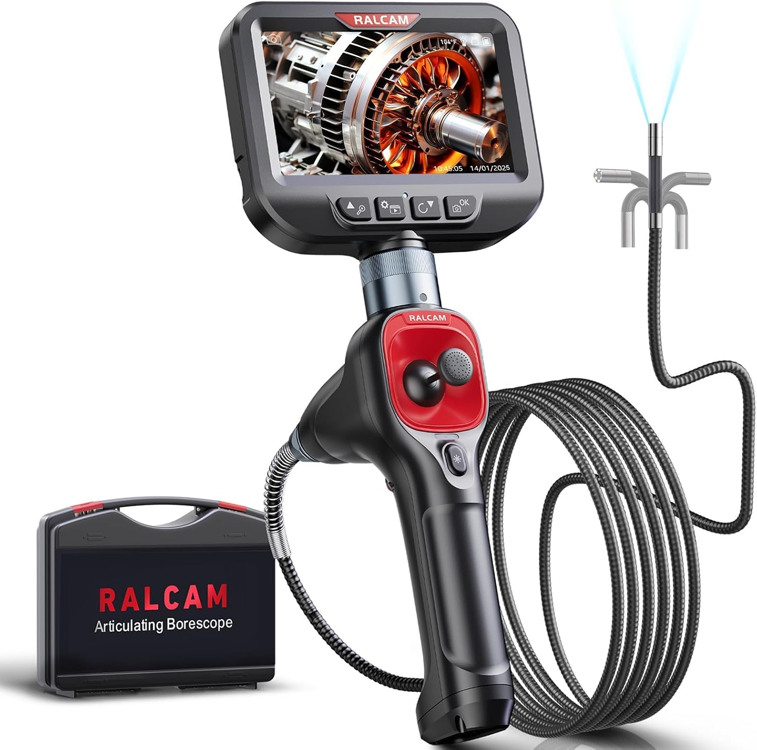 Ralcam 360° Articulating Borescope, Joystick 4 Ways Industrial Endoscope Camera with Light, Semi-Rigid Snake Inspection Camera for Engine (6.2MM lenses- 6.6FT Semi-Rigid)