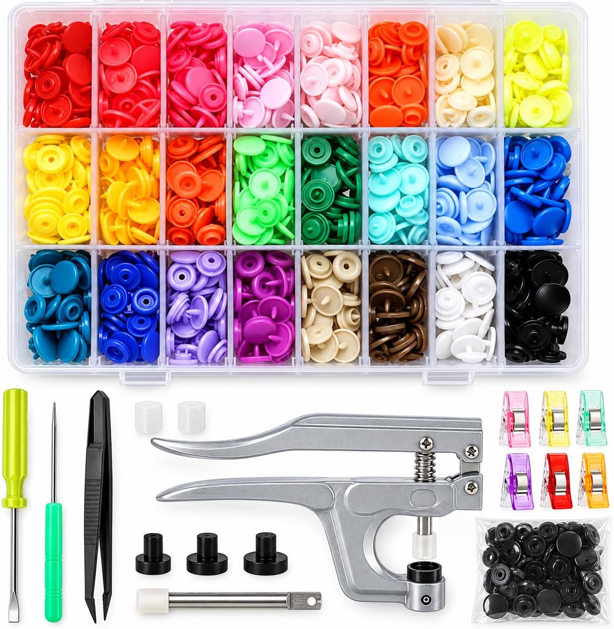 LIHAO Snap Button Kit with Pliers, 375 T5 Plastic Snaps, 24 Colors
