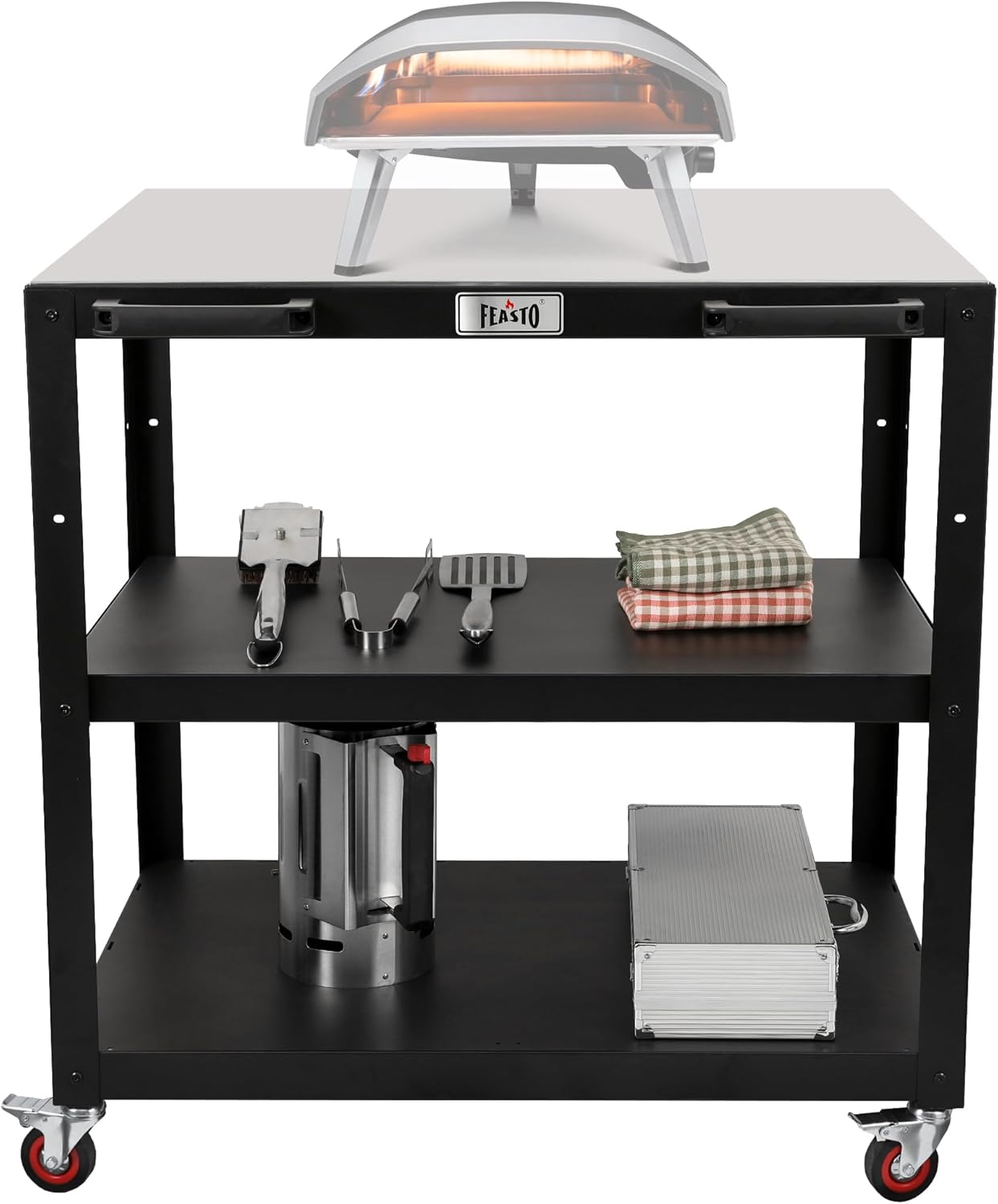Large Movable Pizza Oven Table for Outdoor, 36''x 24'' Tabletop Stainless Steel Grill Cart with Wheels, 3-Shelf Outdoor Kitchen Prep Table Pizza Oven Stand on Wheels for Ooni 16, Blackstone