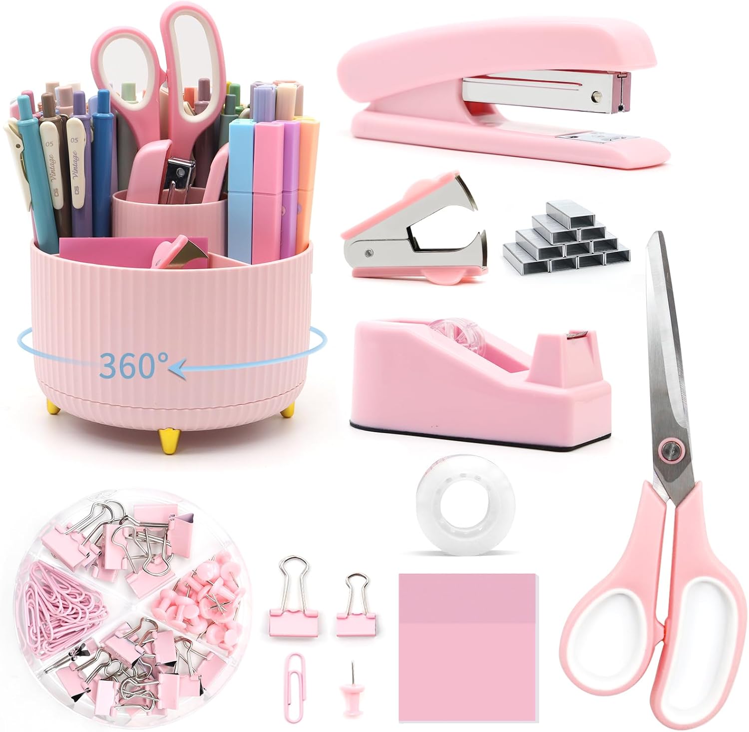 QpenguinBabies Pink Desk Accessories,Rotating Pen Holder Set,Pink Office Supplies with Stapler and Tape Dispenser Set, Gifts for Office Clerks,Student